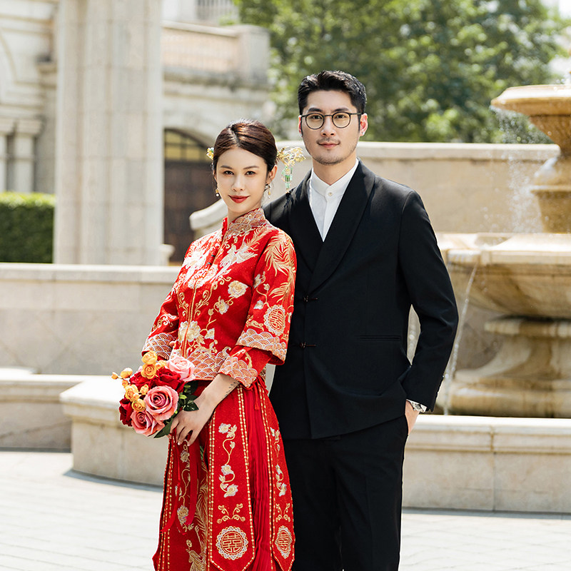 中式新郎西服套装婚礼伴郎礼服男士高级感青果领西装LJT939-P205，男装西服套装，电商C308