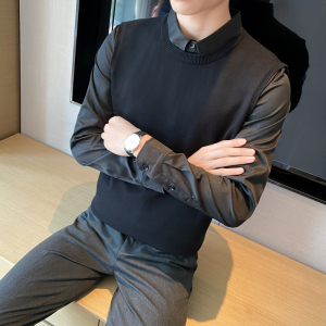 秋冬毛衣假两件衬衫领针织背心套头毛衣男潮墨绿色 MY4-P75图片
