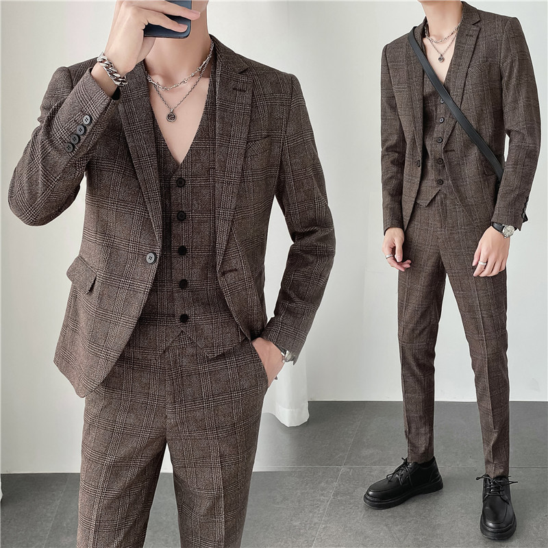 轻熟风ins秋冬韩版修身男士休闲格子西服套装三件套SJT956-特P260，男装西服套装，电商C308