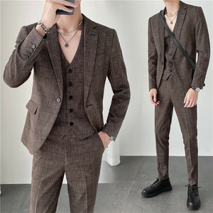 轻熟风ins秋冬韩版修身男士休闲格子西服套装三件套SJT956-特P260，男装西服套装，电商C308