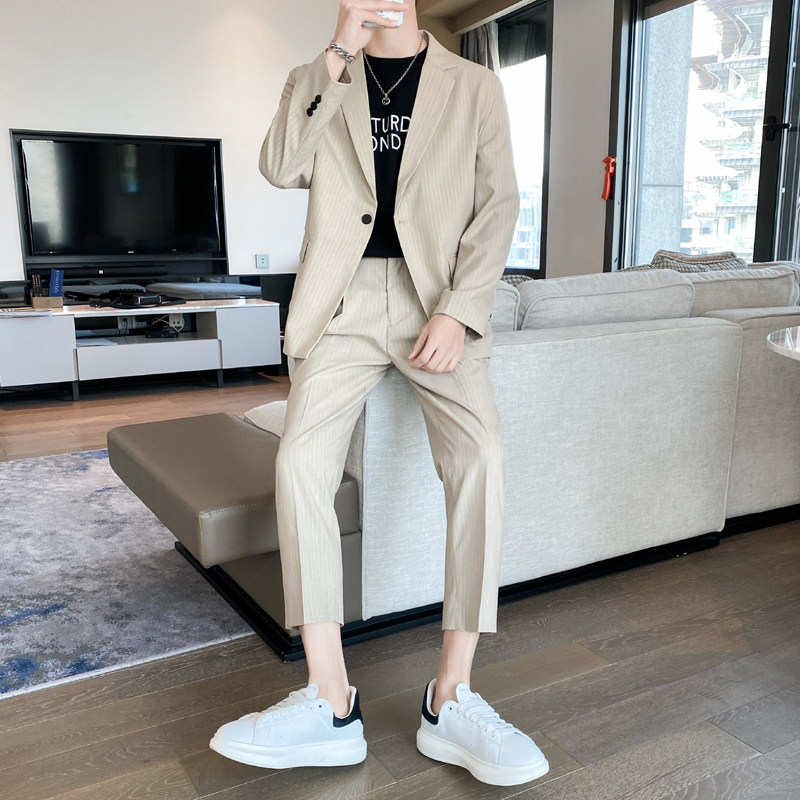 春夏款轻熟风英伦条纹微宽长袖西服九分西裤套装TZ14-P215，男装西服，电商C308