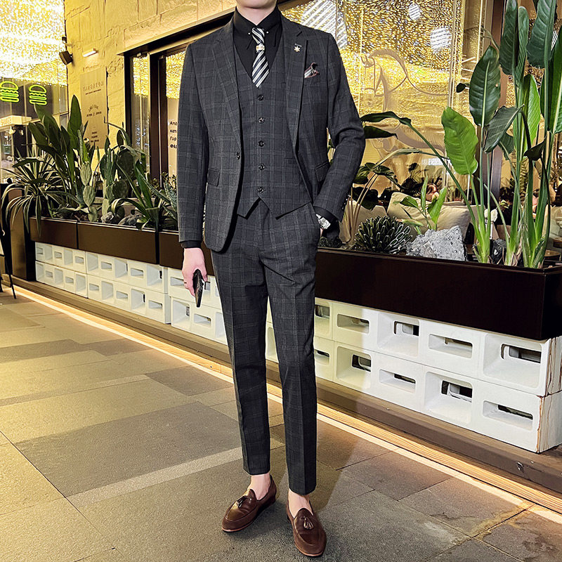 英伦韩版修身男士休闲格子西服三件套新郎伴郎套装蓝色SJT30-P295,男装西服,电商C308