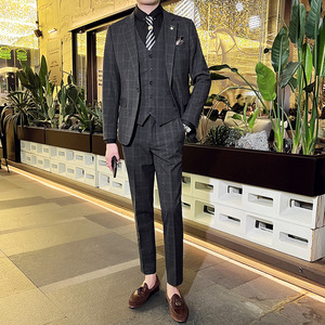 英伦韩版修身男士休闲格子西服三件套新郎伴郎套装蓝色SJT30-P295图片