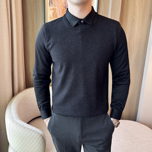 秋冬毛衣假两件衬衫领针织背心套头毛衣男潮黑色 MY8239-P95图片