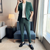 春夏款纯色休闲男士时尚华夫格中袖西服九分西裤套装LJT931-P195，男装西服，电商C308