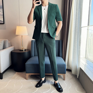 春夏款 纯色休闲男士时尚华夫格中袖西服九分西裤套装LJT931-P195图片