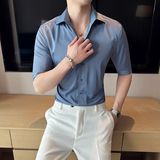 青年雅痞个性一字V领衬衫男中袖帅气修身休闲立领痞帅衬衣C01-P60，男装衬衫，电商C308