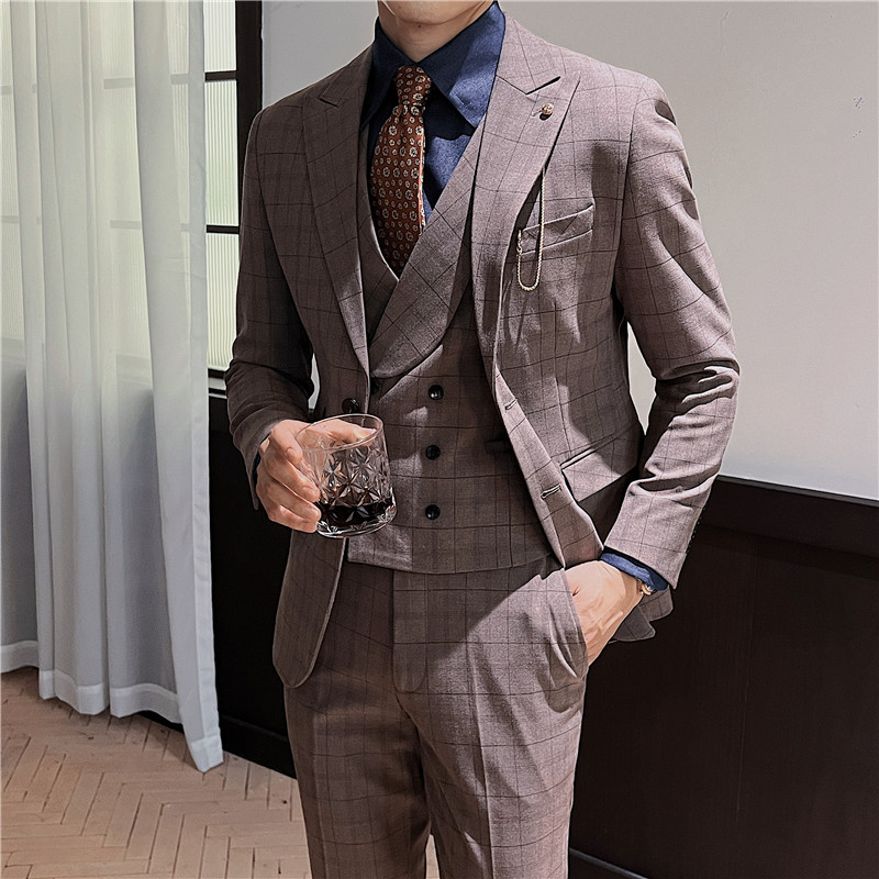 英伦修身男士二粒扣格子西服三件套新郎伴郎礼服套装SJT919-P300,男装西服,电商C308