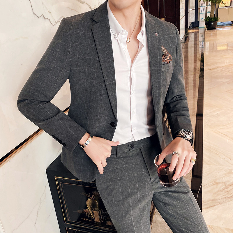 20秋冬款英伦韩风修身男士时尚休闲格子西服套装LJT959-P230，男装西服套装，电商C308