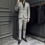 春夏新款英伦韩版修身男士休闲格子西服套装新郎套装LJT818-P220，男装西服套装，电商C308