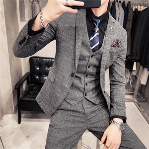 20秋冬款 英伦韩版时尚男士商务格子西服三件套装SJT956-特P260图片