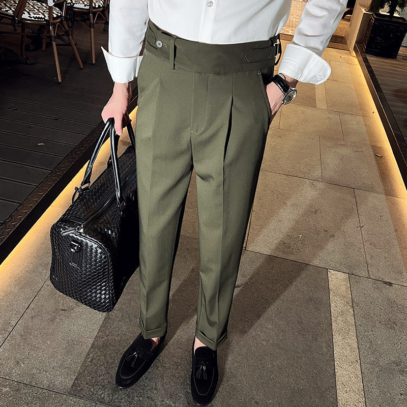 那不勒斯垂直高腰男士直筒西裤免烫流行纯色休闲长裤绿色F702-P78，男装西裤，电商C308