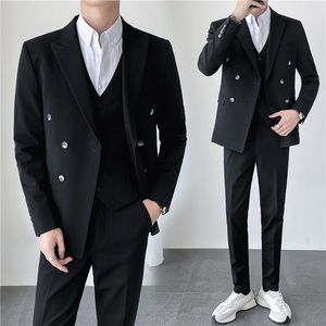 秋冬韩版修身纯色双排扣男士西服三件套装中灰色SJT830A-P280图片