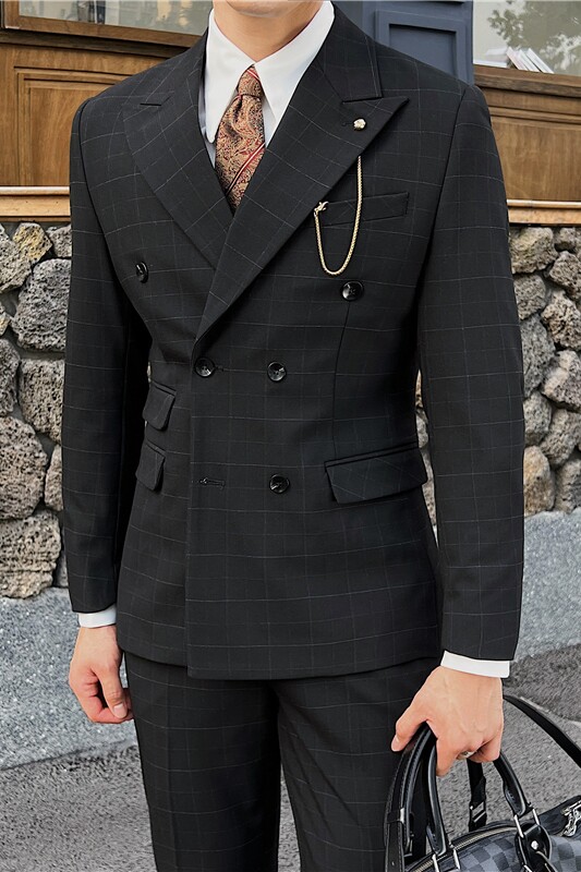 英伦修身男士双排扣格子西服新郎伴郎礼服外套X920-P155,男装西服,电商C308