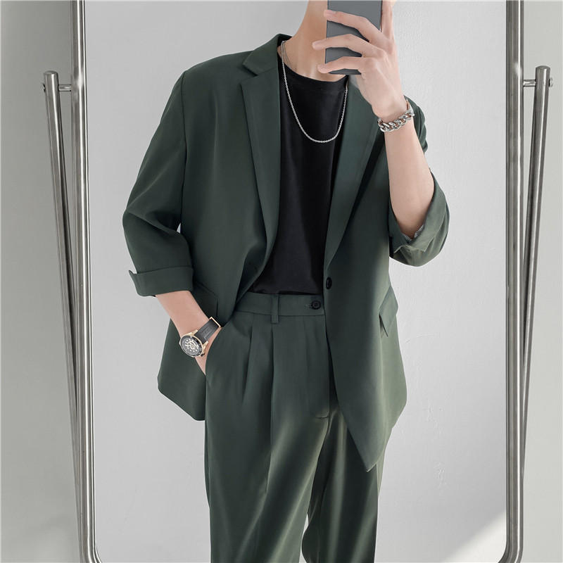 春夏款轻熟风英伦纯色宽松中袖西服+阔版九分裤套装TZ15-P195，男装西服，电商C308