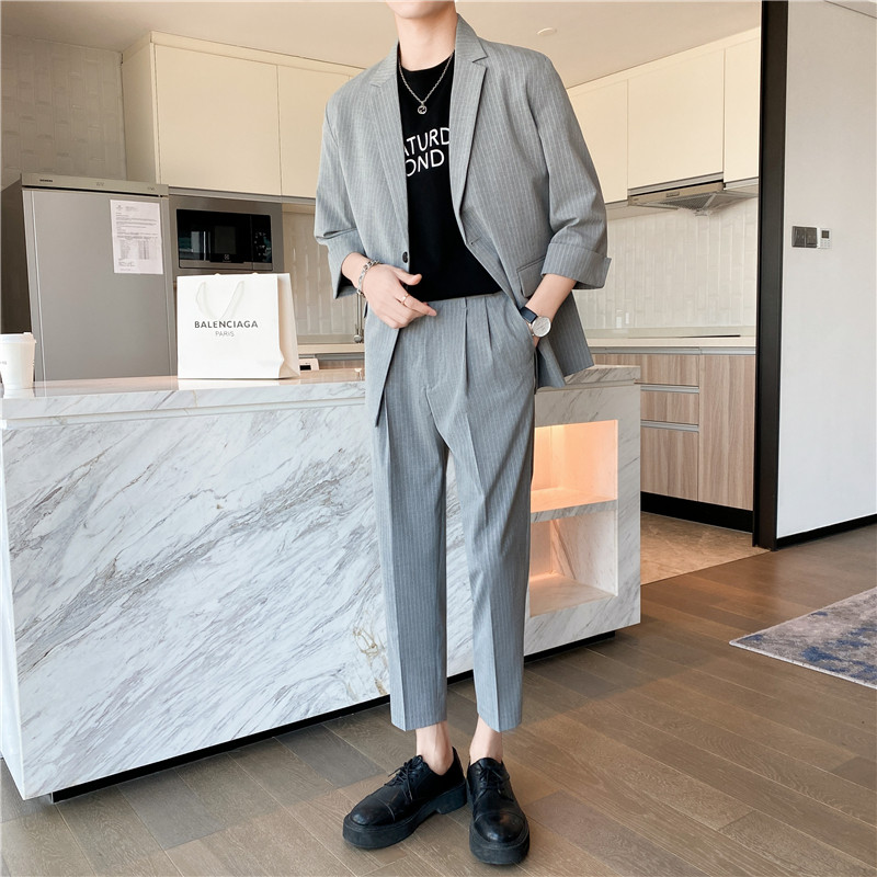 轻熟风微宽英伦条纹中袖西服九分裤套装深灰色TZ13-P195,男装西服,电商C308