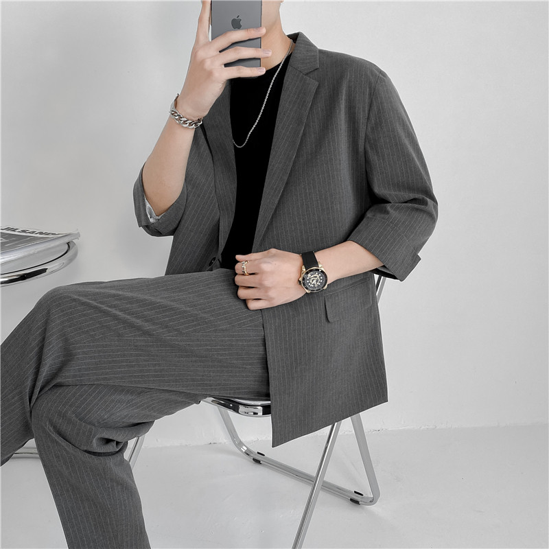 23夏款轻熟风微宽英伦条纹中袖西服+阔版九分裤套装TZ13-P195，男装西服，电商C308