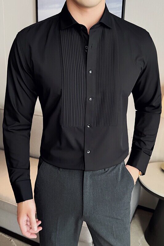 塔士多礼服法式扣衬衫新郎结婚长袖衬衫男拼接设计感衬衣Z015-P75,男装衬衫,电商C308