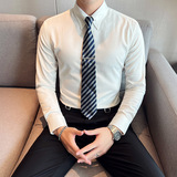 英伦大领衬衫男长袖薄款潮流帅气修身休闲立领纯色黑衬衣C51-P68，男装衬衫，电商C308