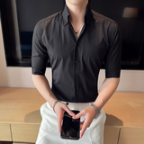 雅痞青年个性V领衬衫中袖帅气修身虚线休闲立领痞帅衬衣男C05-P68，男装衬衫，电商C308