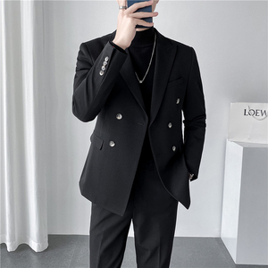 秋冬韩版修身纯色双排扣男士休闲西服外套中灰色X830A双排扣-P150图片