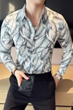 高级感修身花衬衫时尚衬衣男长袖衬衫质感潮流衬衫黑色C2038-P63，男装衬衫，电商C308