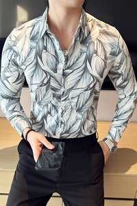 高级感修身花衬衫时尚衬衣男长袖衬衫质感潮流衬衫黑色C2038-P63图片
