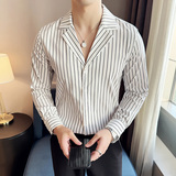 秋冬款古巴领英伦经典条纹单排扣男士长袖衬衫C14-P65，男装衬衫，电商C308