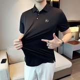 夏季冰丝高弹刺绣翻领无痕T恤男士光滑短袖POLO衫黑色PL1-P58，男装T恤，电商C308
