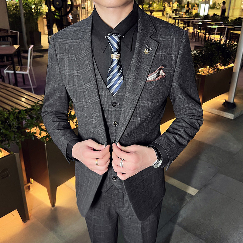 英伦韩版修身男士休闲格子西服三件套新郎伴郎套装蓝色SJT30-P295,男装西服,电商C308