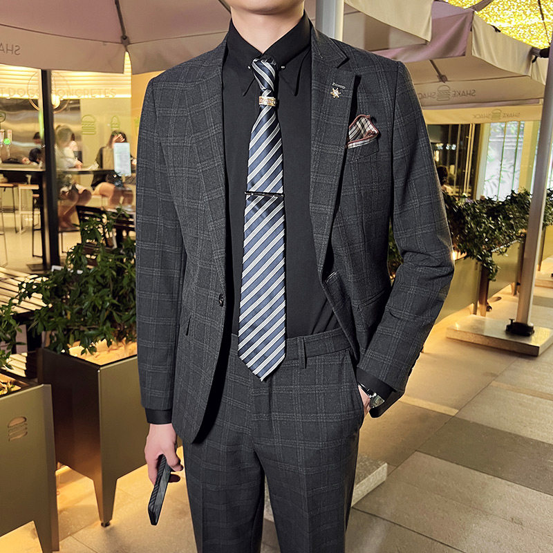 秋冬款英伦韩版修身男士商务休闲格子西服外套深灰色X30-P155，男装西服，电商C308