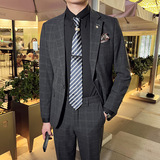 秋冬款英伦韩版修身男士商务休闲格子西服外套深灰色X30-P155，男装西服，电商C308