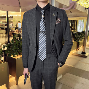 秋冬款 英伦韩版修身男士商务休闲格子西服外套深灰色X30-P155，男装西服，电商C308