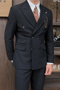 英伦修身男士双排扣格子西服三件套新郎伴郎礼服套装SJT920-P300图片