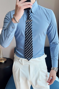 个性大领衬衫男长袖薄款潮流帅气修身休闲立领纯色绿衬衣C43-P68图片