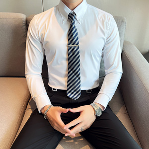 春季 大领衬衫男长袖薄款潮流帅气修身休闲立领纯色黑衬衣C43-P68图片
