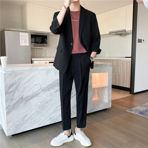 春夏款 轻熟风英伦纯色阔版中袖西服九分裤套装 黑色TZ15-P195，男装西服，电商C308