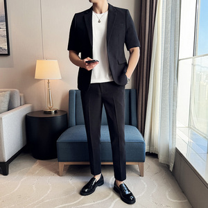 春夏款 纯色休闲男士时尚华夫格中袖西服九分西裤套装LJT931-P195图片