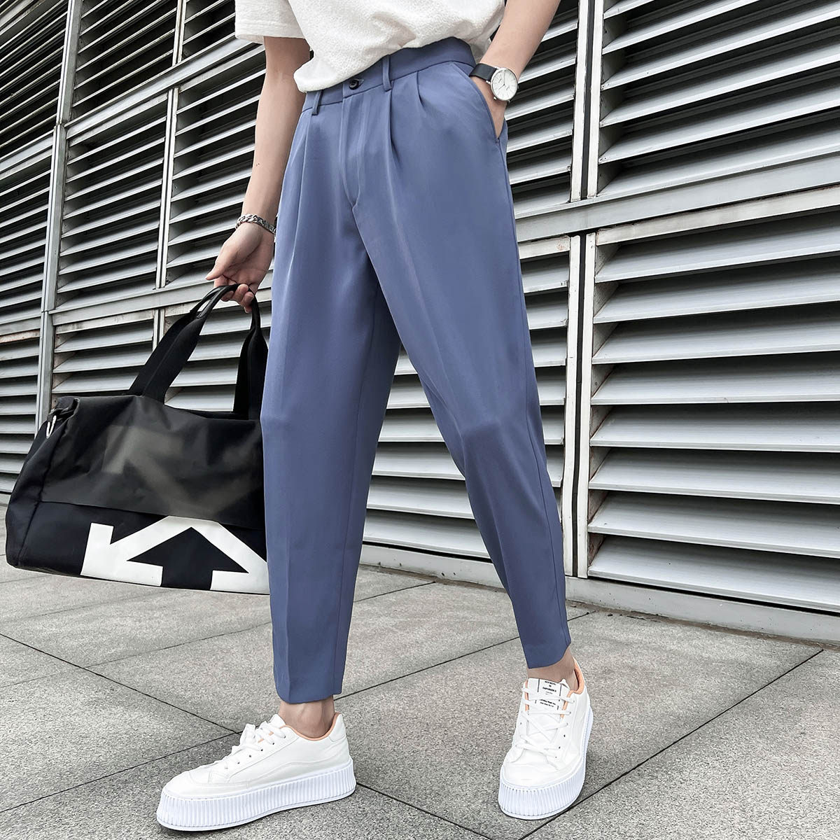 春夏轻熟风微宽时尚休闲裤男阔版纯色九分西裤K15-P65，男装西裤，电商C308