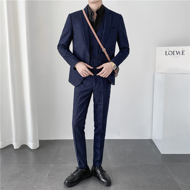 ins轻熟风秋冬韩版修身男士休闲条纹西服三件套装SJT903-P265,男装西服,电商C308