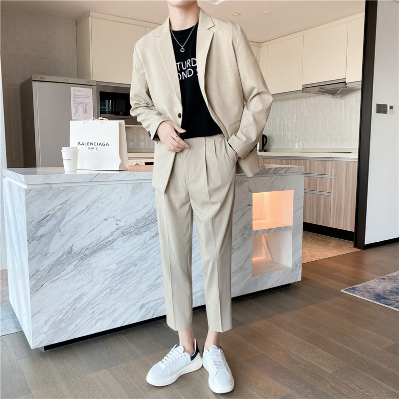 轻熟风英伦条纹微宽长袖西服九分西裤套装卡其色TZ14-P215，男装西服，电商C308