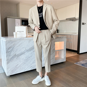 轻熟风英伦条纹微宽长袖西服 九分西裤套装 卡其色TZ14-P215，男装西服，电商C308