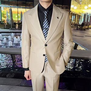 英伦修身男士休闲商务二粒扣西服套装新郎套装米白色LJT889-P230，男装西服套装，电商C308
