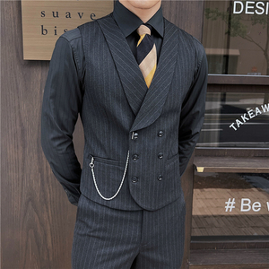 新郎婚礼伴郎服礼服马甲男士高级感双排扣条纹马甲MJ918-P70图片