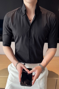 雅痞青年个性V领衬衫中袖男帅气修身虚线休闲立领痞帅衬衣C05-P68图片