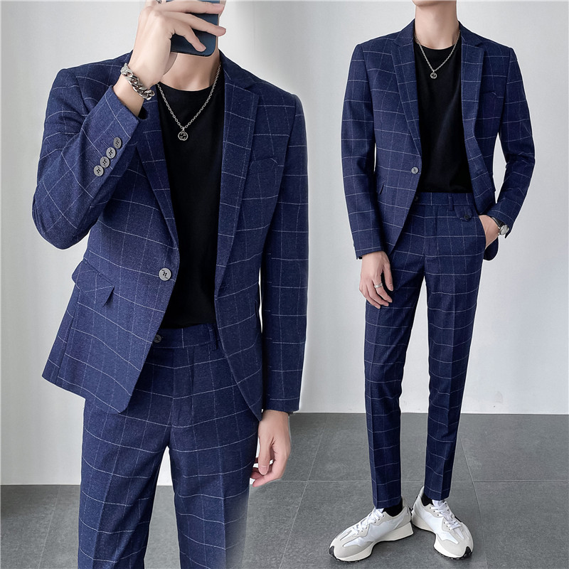 轻熟风ins韩版修身男士休闲一粒扣格子西服套装LJT905-P220，男装西服套装，电商C308