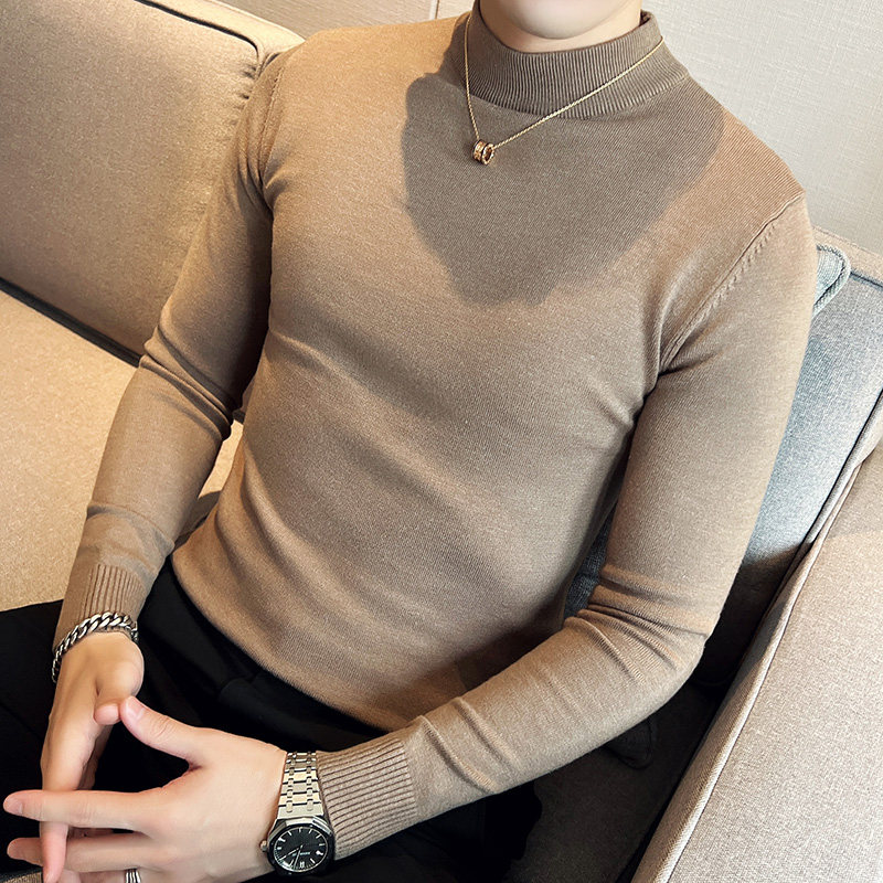 秋冬韩版半高领修身打底衫套头纯色针织衫精致毛衣棕色B5552-P50，男装T恤，电商C308