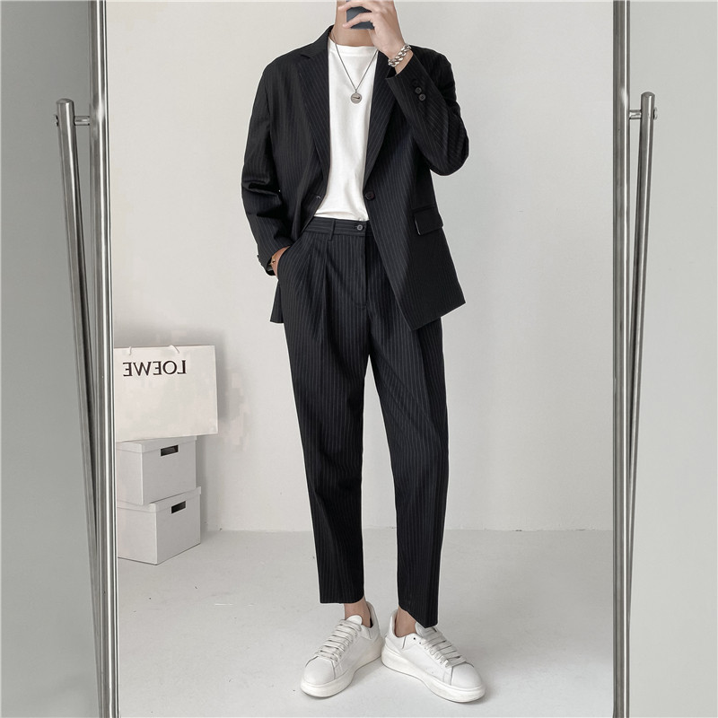 21春夏款轻熟风英伦条纹长袖西服+阔版九分裤套装TZ14-P215，男装西服，电商C308