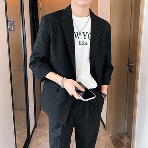 24轻熟风微宽英伦条纹中袖西服  九分裤套装TZ13-P195图片