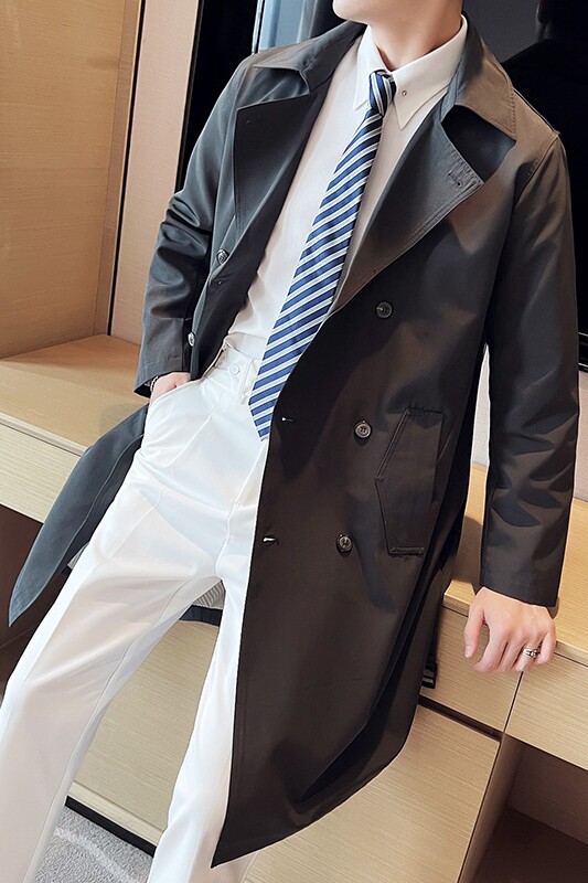 秋冬款英伦休闲双排扣翻领男士中长款风衣纯色外套黑色DA48-P180,男装风衣,电商C308